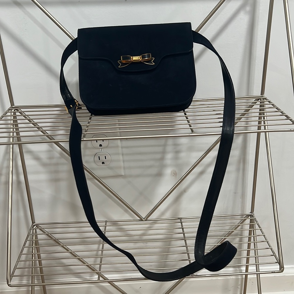 Bally shoulder bag ribbon mini suede and leather navy blue pochette crossbody